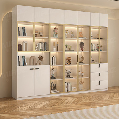 轻奢实木书柜一体到顶落地整墙书橱简约家用客厅玻璃门书架展示柜