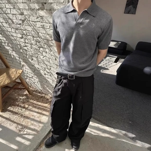 cleanfitV字领针织短袖 软糯老钱螺纹羊毛混纺短宽翻领Polo衫 半袖