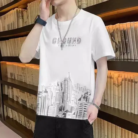 夏季男装t恤男短裤渐变帅气上衣服运动速干冰丝新款冰凉休闲短袖