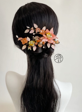 花停原创三猫家新款永生花手工发饰发簪发夹后压马尾扣古风饰品