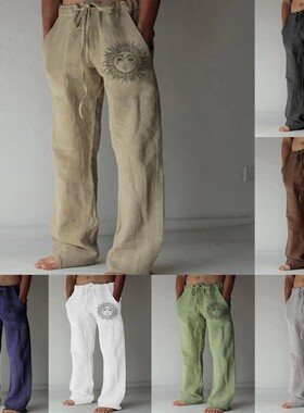 外贸欧码eBay2022秋冬新款男士抽绳松紧纯色宽松休闲印花长裤男裤