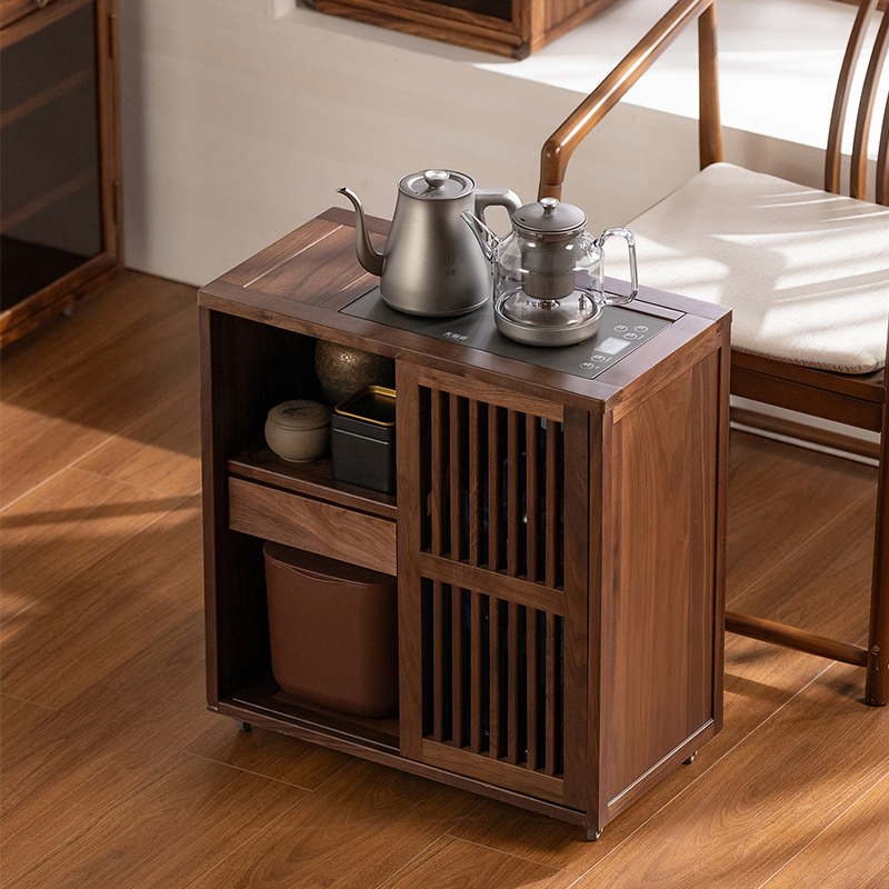 黑胡桃木茶水柜家用小型可移动茶台烧水壶一体茶边柜茶桌侧边边几