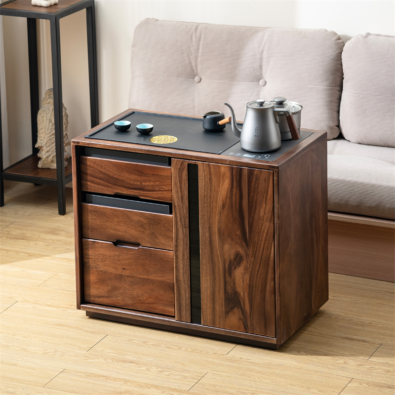 实木移动茶水柜新中式办公室胡桃木茶边柜下水茶桌侧边柜沙发茶台