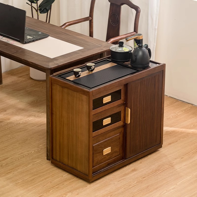 胡桃木茶水柜茶台茶桌边柜侧柜烧水壶一体实木下置水桶茶吧几柜子