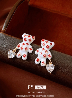 14k真金电镀银针锆石小熊耳环时尚气质感耳环轻奢百搭耳饰女