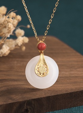 宫廷风设计古法金镶嵌仿和田玉白玉传承福字吊坠项链送母亲节礼物