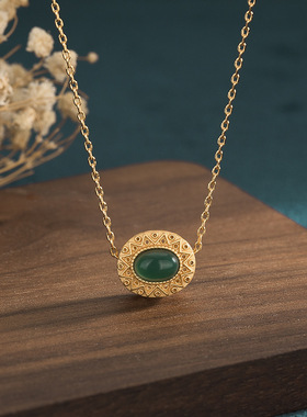 直播供货中国风旗袍古装配饰古法镀金镶嵌天然玉髓玛瑙挂坠项链女