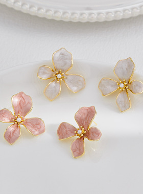 艾妮贝妮紫色四叶花耳钉珠光滴油真金电镀大气时尚个性感耳饰