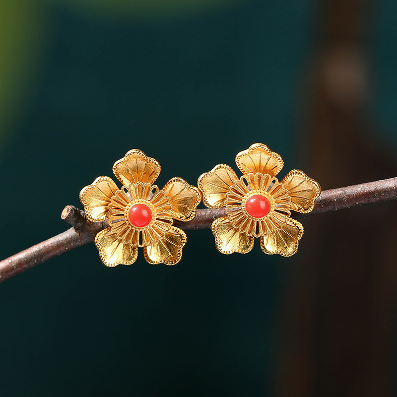 2023夏季新镀金仿南红山茶花耳钉小众设计感花朵中式古风耳环