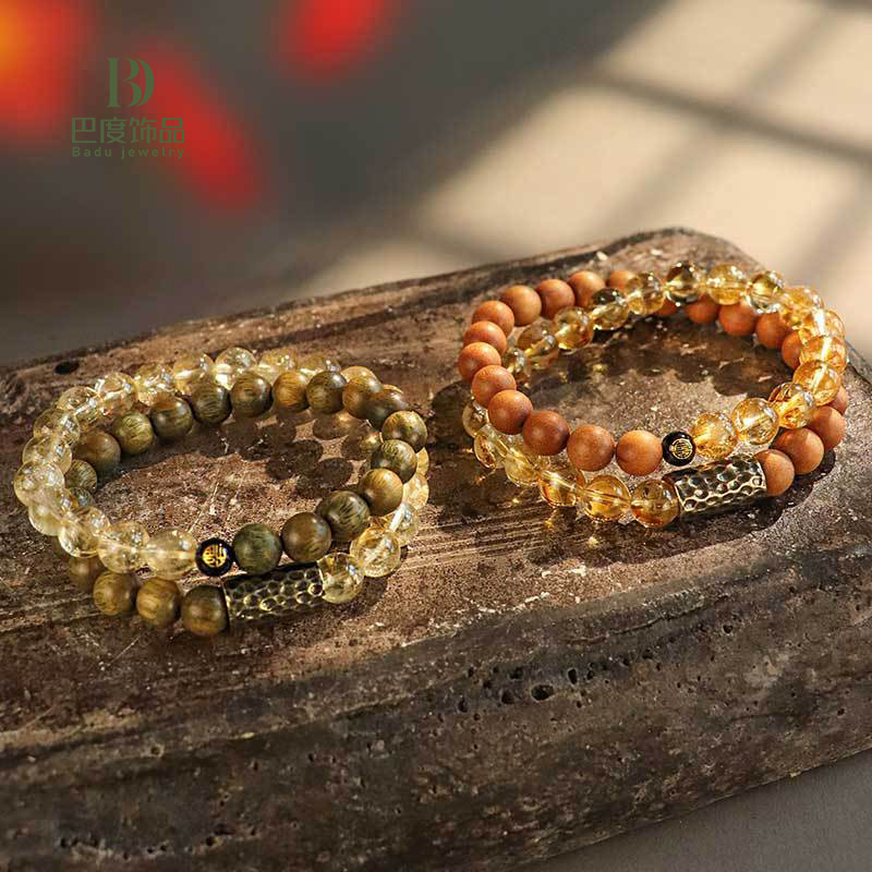 8mm黄阿塞水晶双圈手链男女文艺复古金丝绿檀木文玩手串手饰