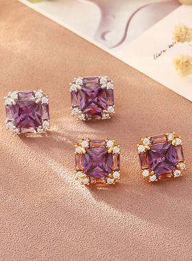 紫色锆石精致百搭耳钉轻奢时尚百搭优雅耳环感气质简约耳饰女