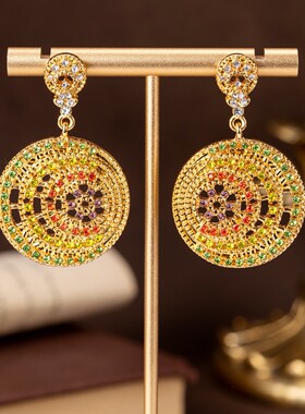 中古vintage满镶彩钻圆环耳坠轻奢气质感耳饰中古镶钻耳坠女