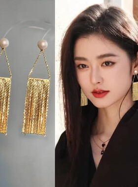 珍珠款流苏耳钉小众设计感适合圆脸的耳环秋冬超好看独特漂亮耳饰