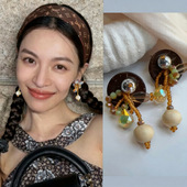 复古银针木珠玻璃椰壳耳环民族风个性 气质耳钉轻奢感耳饰