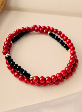双圈朱砂手串天然切面黑碧玺新中式复古风手饰品串珠手链女生