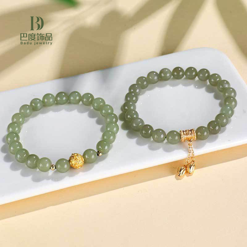 925银6/8mm和田玉六字箴言串珠手链女民族风999银铜钱手串手饰