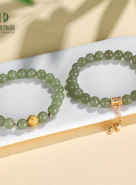 925银6/8mm和田玉六字箴言串珠手链女民族风999银铜钱手串手饰
