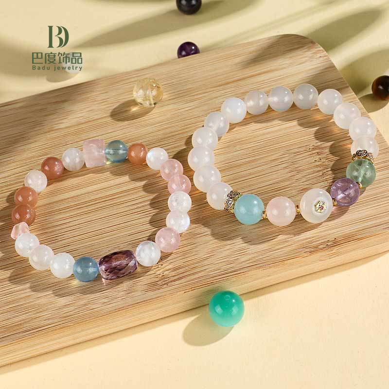 平安扣白玛瑙紫水晶串珠手链女小众感太阳石绿萤石多宝手串