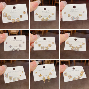 s925银针耳钉气质简约日常通勤耳环时尚百搭可爱三件套组合耳饰女