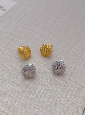 日韩新款圆形h字母镂空镶钻感轻奢耳钉简约小巧925银针耳钉女