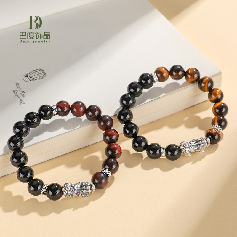 新品999银貔貅黑玛瑙串珠情侣手链女国潮个性虎眼石手串首饰