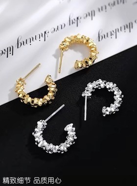 一念 s999纯银c型碎银子耳钉简约冷淡风耳环小众复古气质耳饰