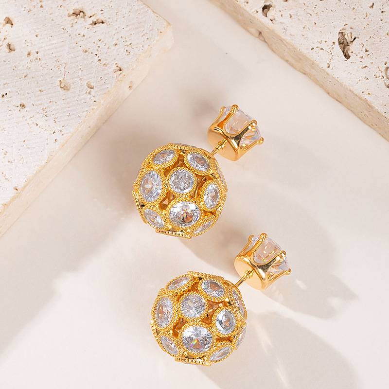 s925银针欧美跨境时尚简约超闪锆石球形耳钉女感轻奢小众耳饰