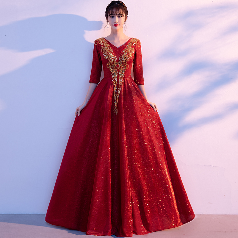 大合唱团演出服女长裙新款主持人指挥晚礼服气质显瘦红歌比赛服装