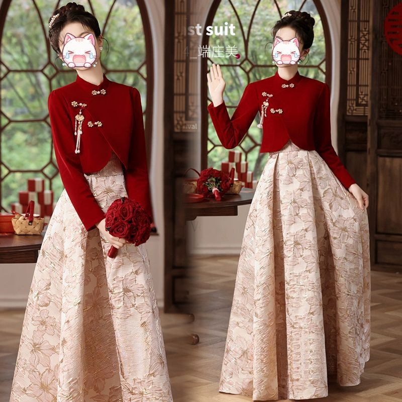 敬酒服新娘套装大码胖mm2025秋冬季新中式旗袍加厚订婚结婚礼裙