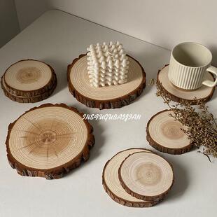 日本进口ins风原木年轮杉木片圆形杯垫防烫隔热杯垫木头餐垫复古