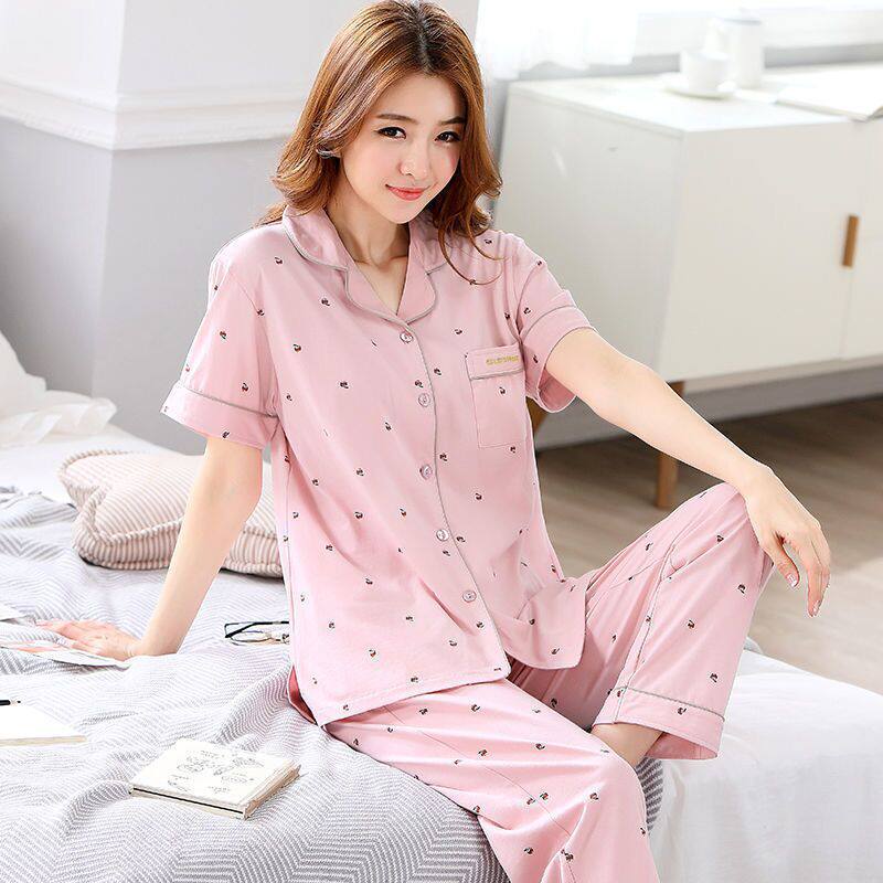 100%纯棉睡衣女夏短袖长裤套装薄款半袖大码家居服