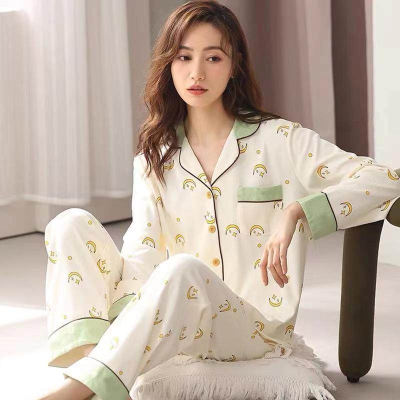 睡衣女春秋100%纯棉家居服长袖长裤全棉开衫可外穿中年妈妈家居服
