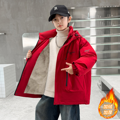 男童加绒外套秋冬款2025新款加厚派克服棉服大儿童男孩冬季冲锋衣