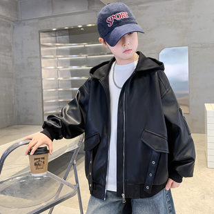 男孩春季 大童春装 儿童连帽皮夹克帅气 皮衣外套2026新款 男童春秋款