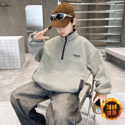 儿童装男童加绒卫衣秋冬款2025新款加厚中大童一体上衣冬季男孩潮
