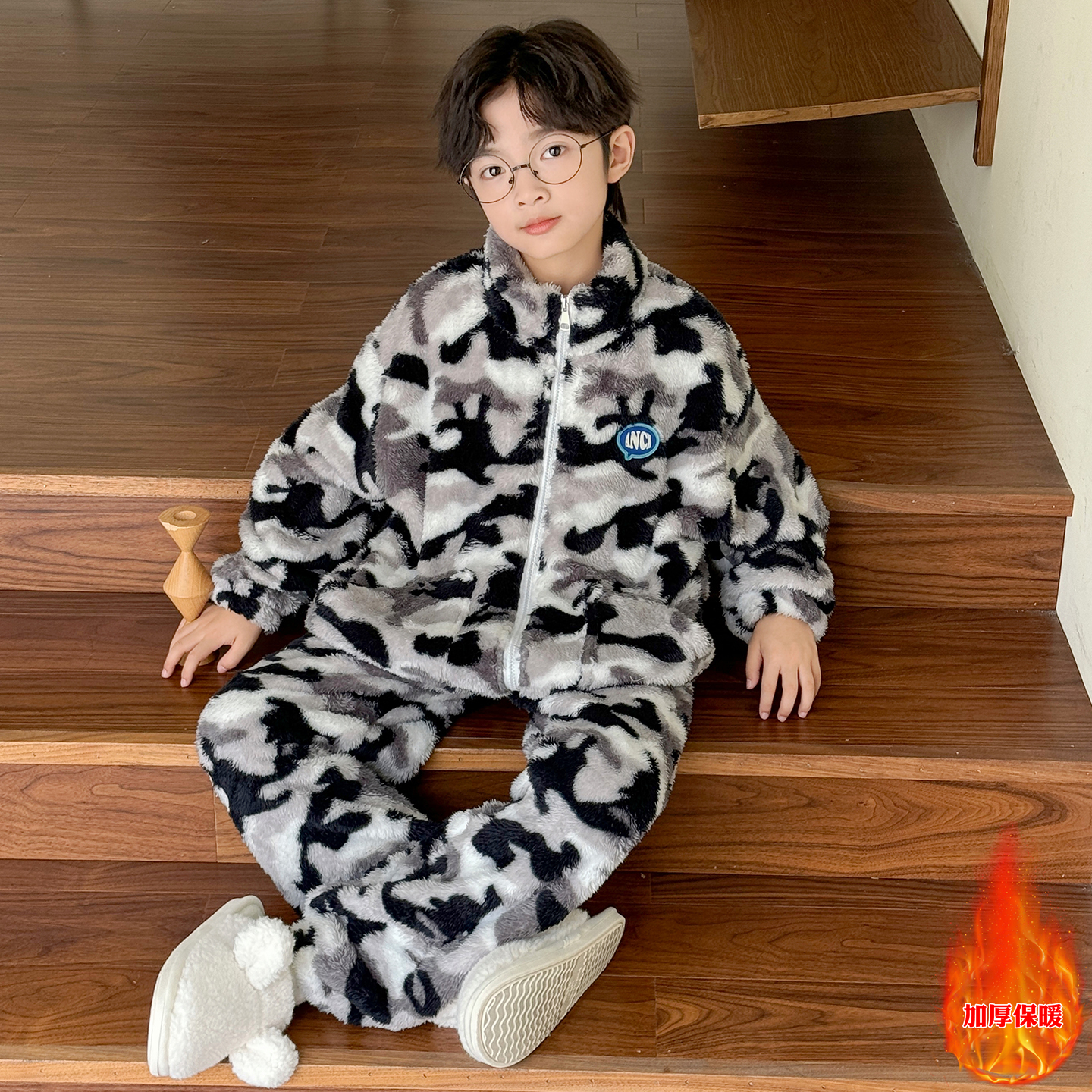 儿童装男童睡衣冬季家居服加绒珊瑚绒大童男孩秋冬款加厚法兰绒潮