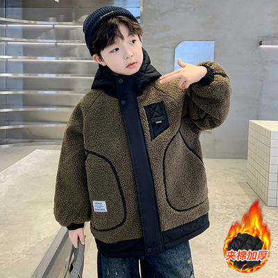 男童夹棉外套秋冬款2025年新款加厚儿童毛毛衣冬季连帽中大童冬装