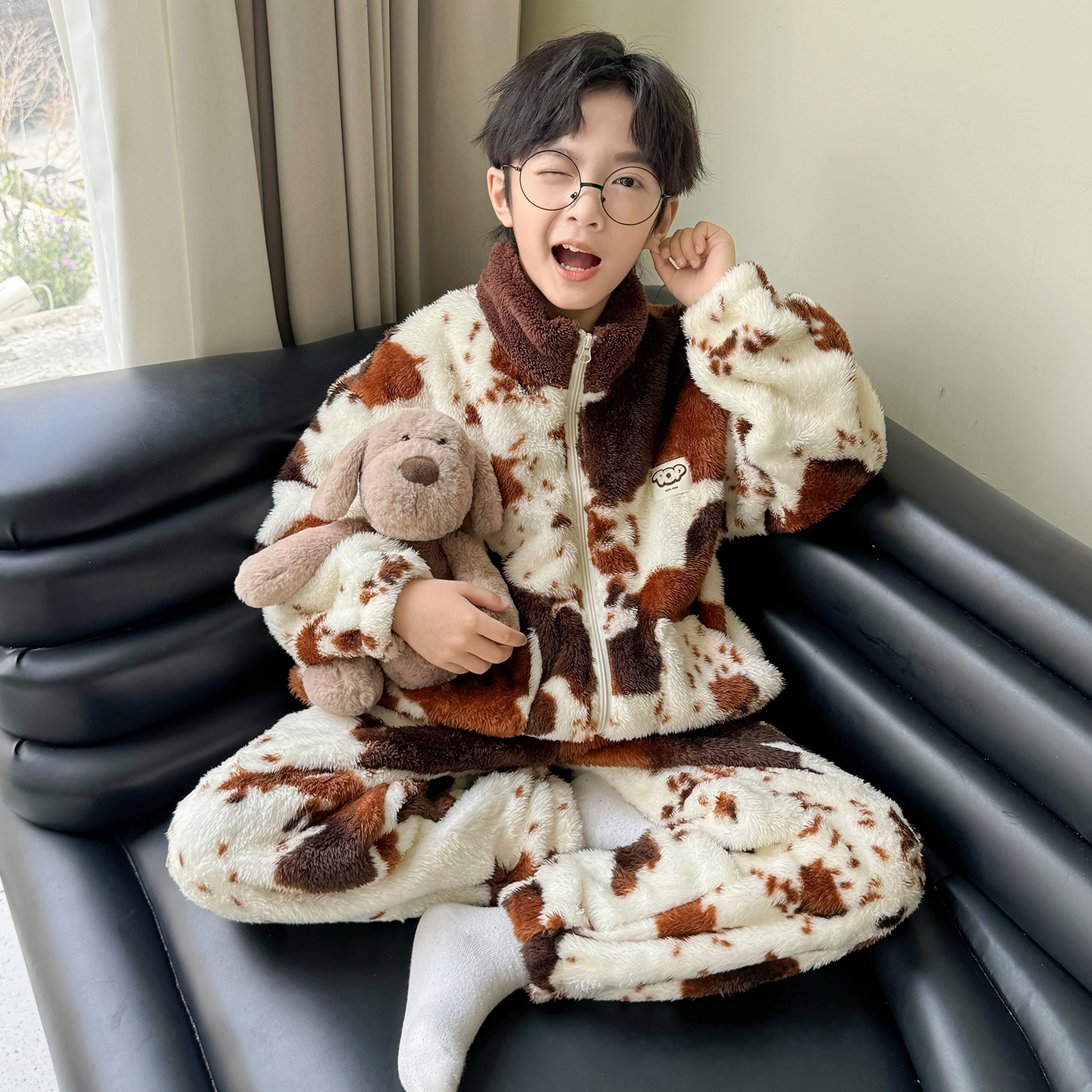 儿童装男童睡衣冬季家居服加绒珊瑚绒男孩大童秋冬款加厚法兰绒潮