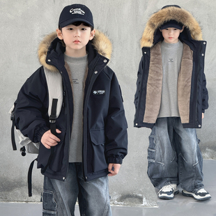 男童加绒冬季外套2025新款大童冬装棉衣洋气儿童棉服加厚派克服潮