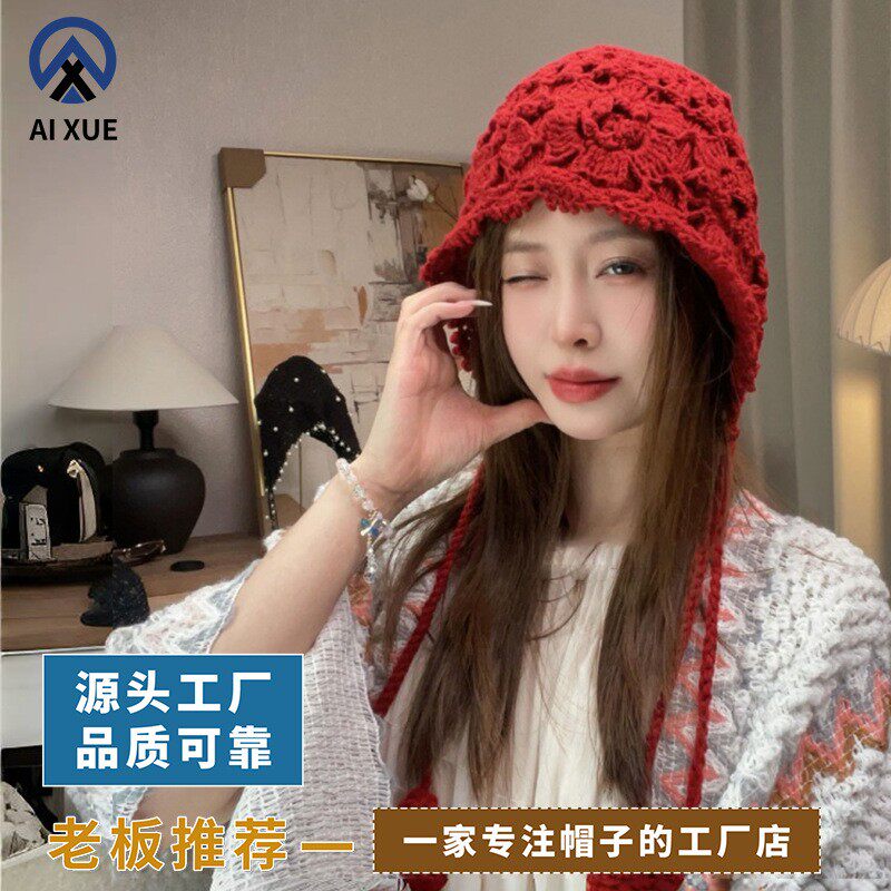旅游手工钩针花朵流苏毛线帽子女秋冬针织包头帽护耳显脸小套头帽