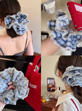 新款韩系小众格子双层蕾丝花边大肠发圈气质百搭丸子头条纹头饰女