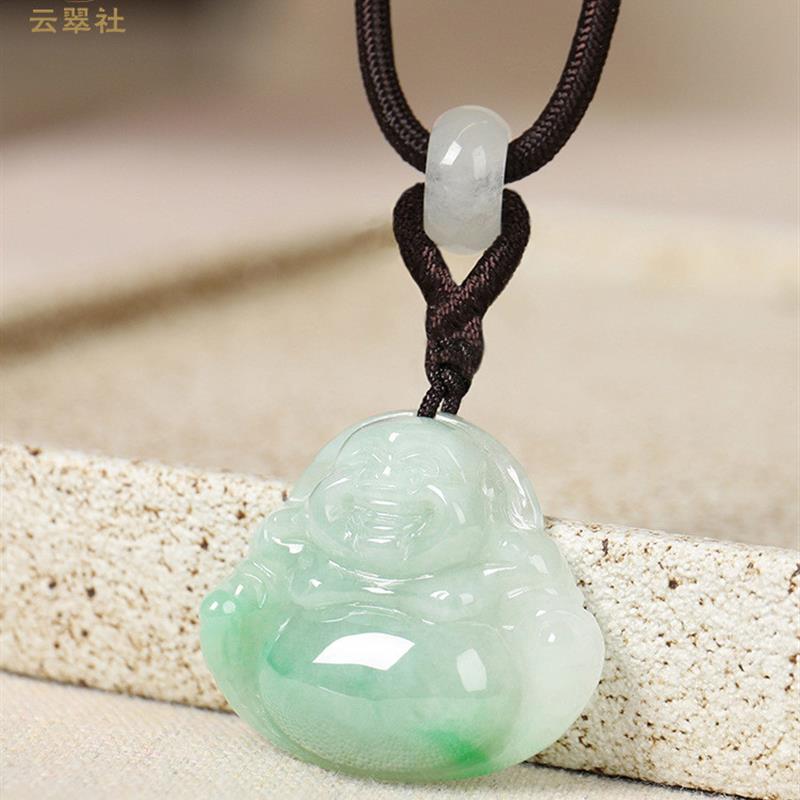 天然满绿冰种翡翠玉佛吊坠男女款缅甸笑佛弥勒佛辣阳绿18k金镶嵌