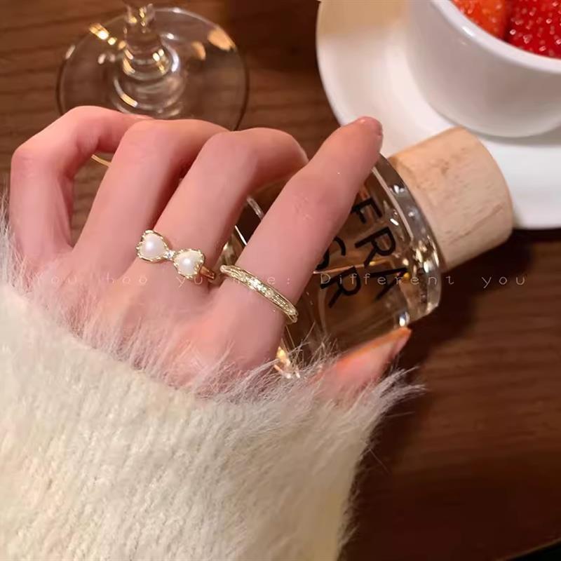 蝴蝶结珍珠戒指女轻奢小众设计感开口食指戒精致气质简约百搭指环