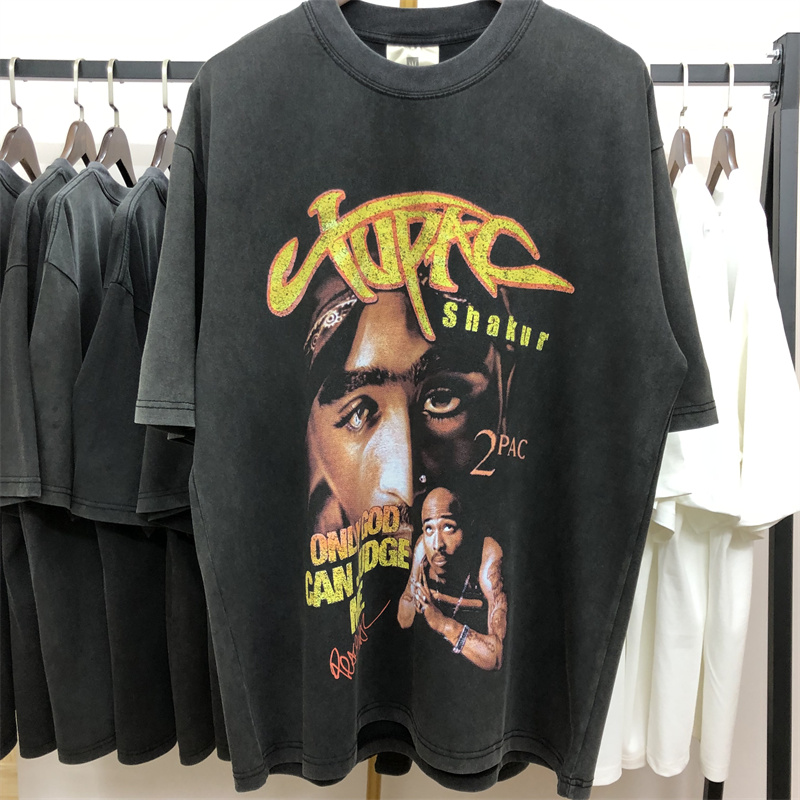2PAC图帕克tupac shakur 嘻哈说唱歌手人像直喷印花复古水洗T恤潮