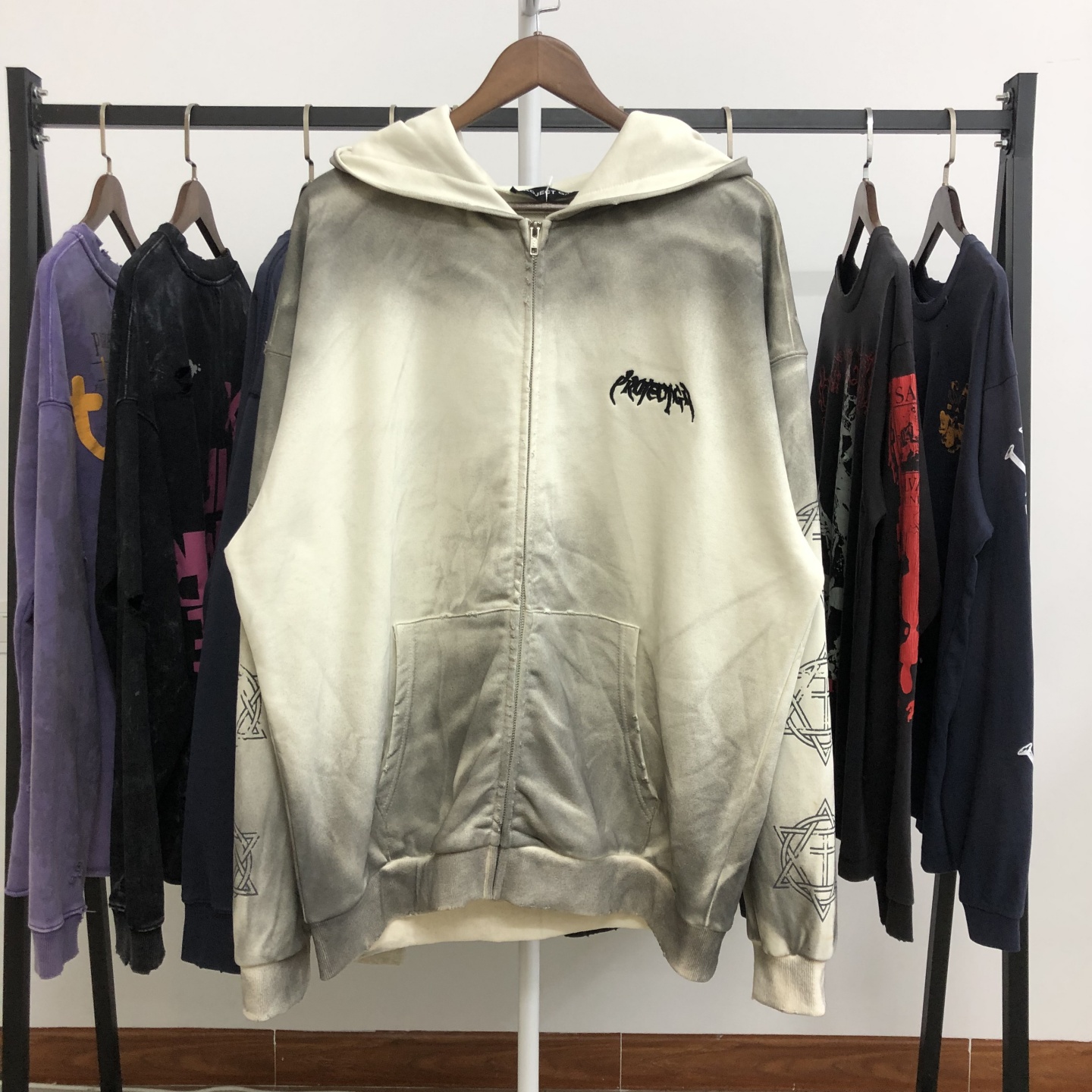 Grailz Project G/R美式做旧高街vibe宽松脏染拉链连帽卫衣外套潮