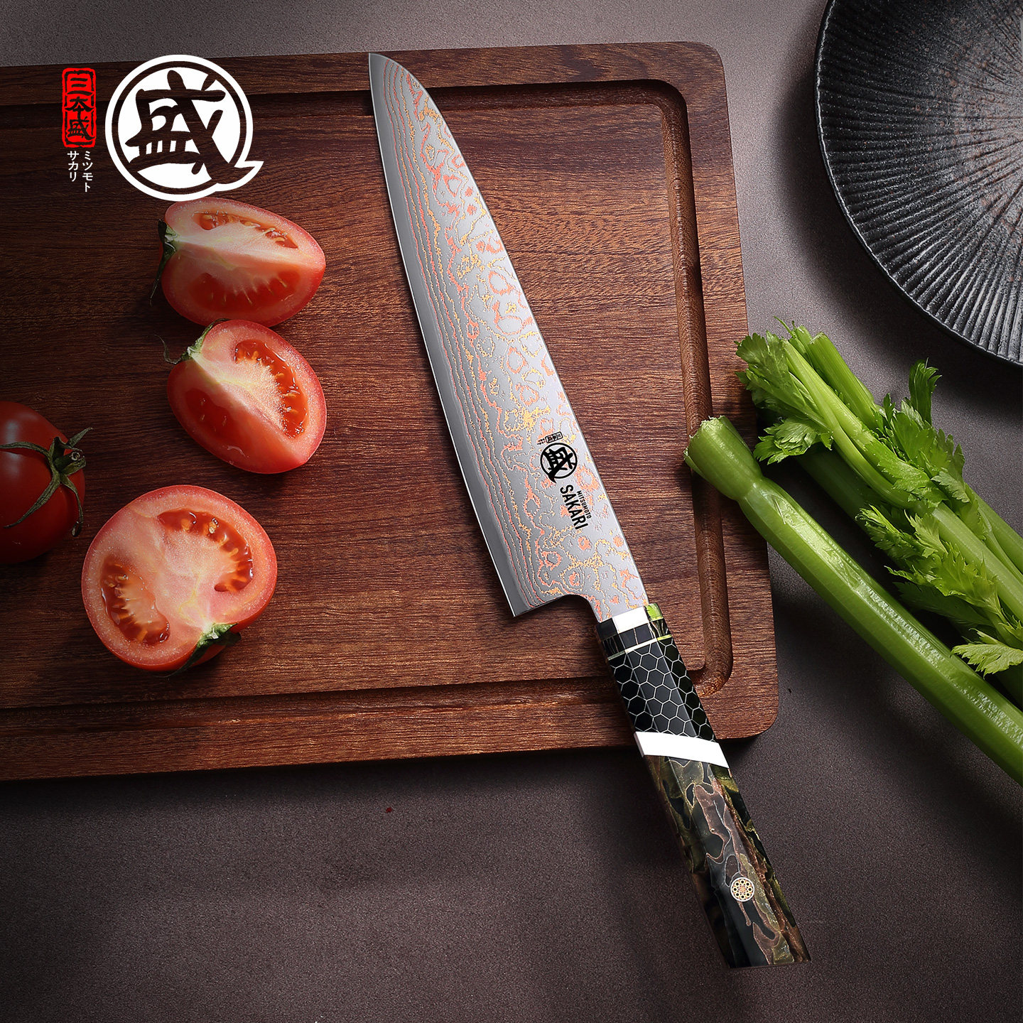 三本盛大马士革钢三色铜主厨刀