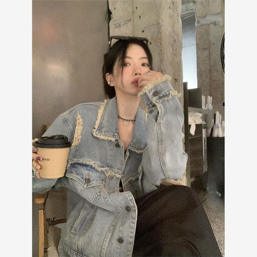 覆古毛边破洞牛仔夹克的妇女春秋季宽松休闲百搭工作夹克顶时髦的