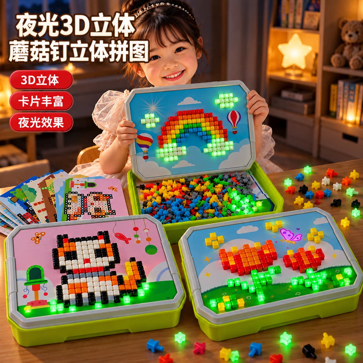 儿童发光大颗粒蘑菇钉拼图益智