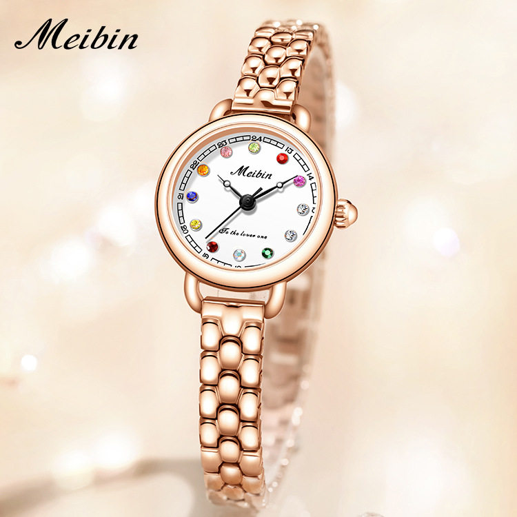 新款美宾女表创意彩钻盘手表女小众轻奢爆款防水石英手链手表