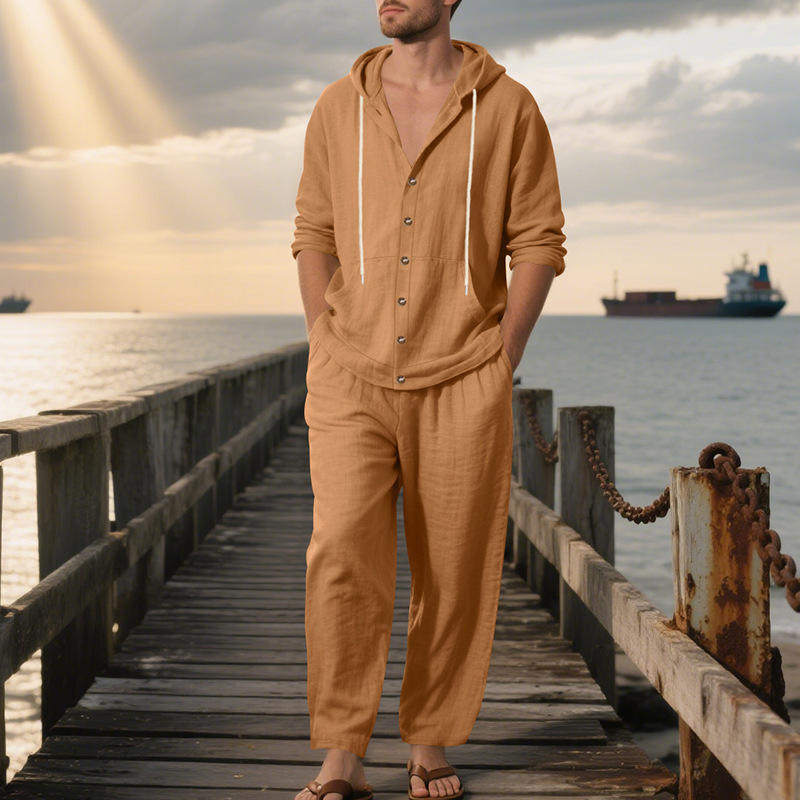 外贸亚马逊春秋美式宽松亚麻男长袖连帽衬衫宽松长裤沙滩休闲套装,男装,其他套装,淘宝优惠券,粉丝福利购,淘宝优惠卷
